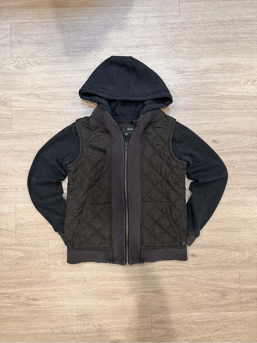Hurley Black Quilted Front Hoodie with Ribbed Trim